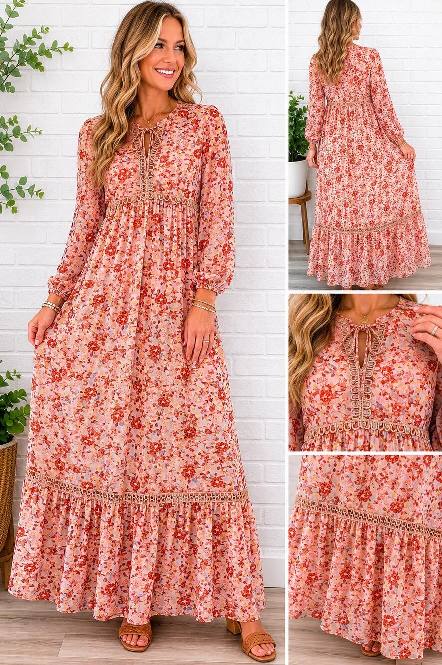 Women’s XXL Beige Floral Boho Maxi Dress Long Sleeve Lined Tie Neck Cottagecore